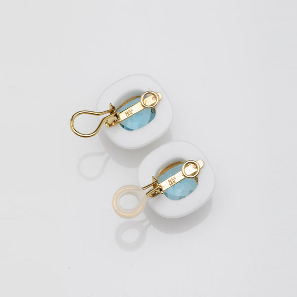 14K Gold, White Agate, Blue Topaz Clip On Earrings