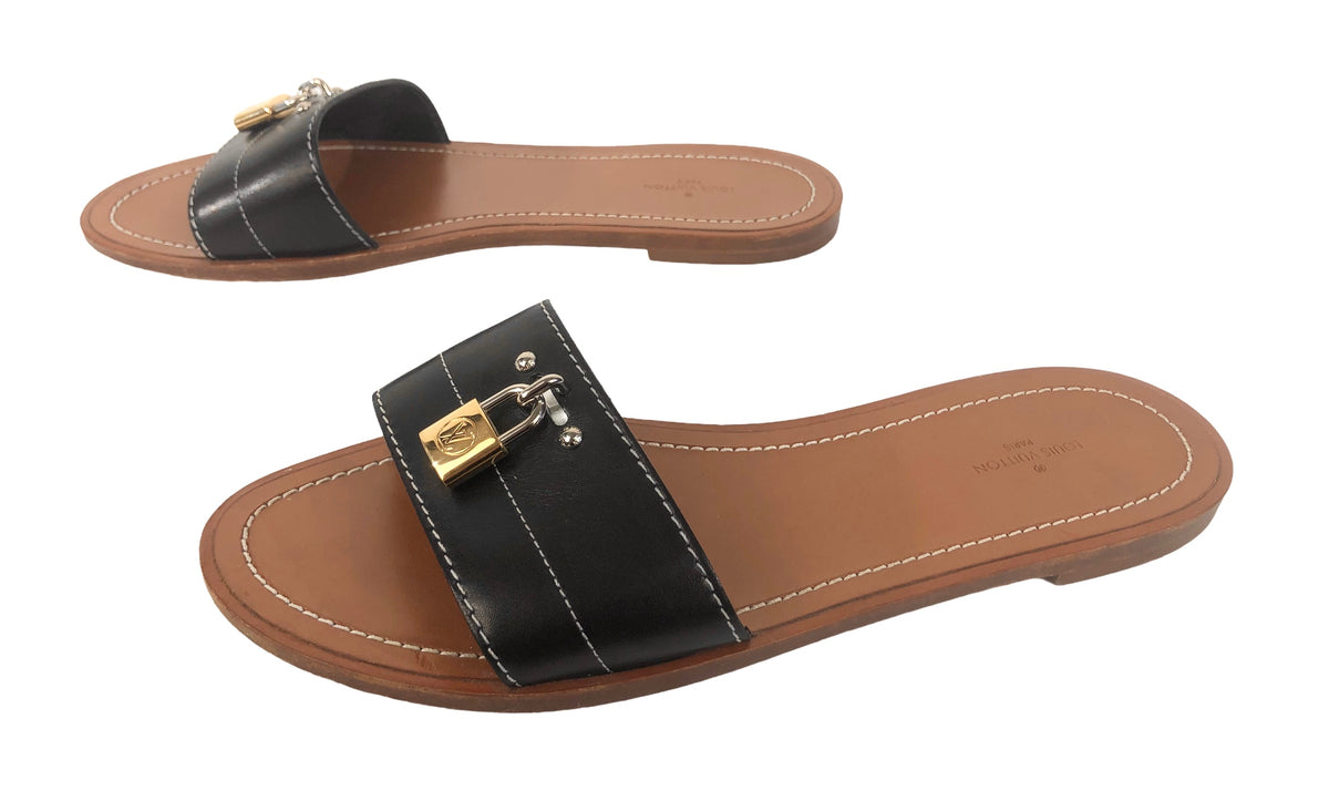 Louis Vuitton Black Leather Block Heel Slide Sandals Size 38 Louis Vuitton