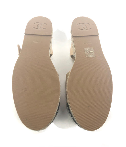 Cap Toe Black and Beige Lambskin CC's Turnlock Espadrille  Sandal | Size 8