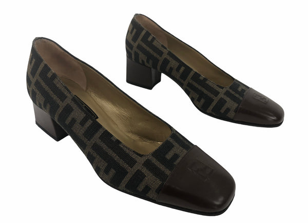 Zucca Print Leather Toe Block Heels | Size 37