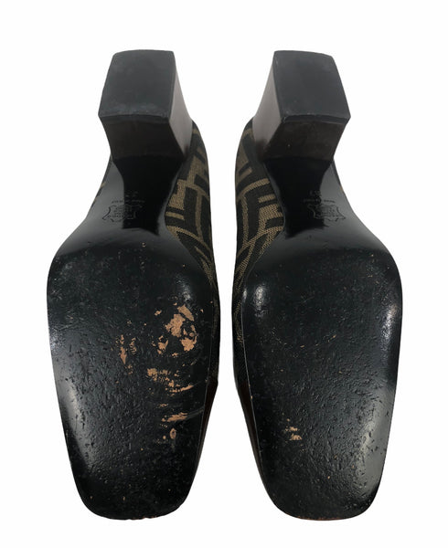 Zucca Print Leather Toe Block Heels | Size 37