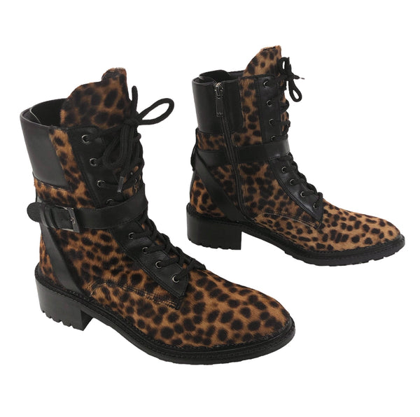 Octavia Leopard-Print Buckle Combat Booties | Size 8.5