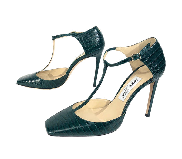 Lexica Croc Embossed T-Strap Heel | Size US 9 - IT 39