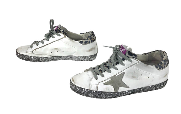 Super Star White Leather Glitter Trim Sneakers | Size 8.5 - 9