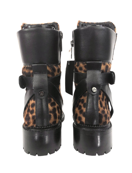 Octavia Leopard-Print Buckle Combat Booties | Size 8.5