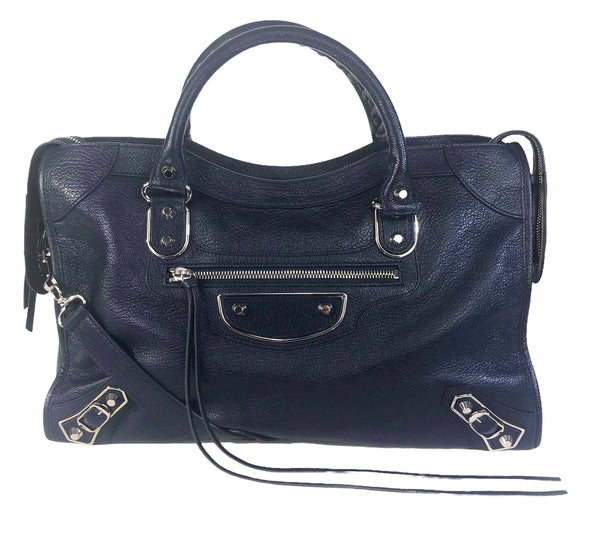 Bleu Obscur Chevre Silver Metallic Edge Hardware City Handbag