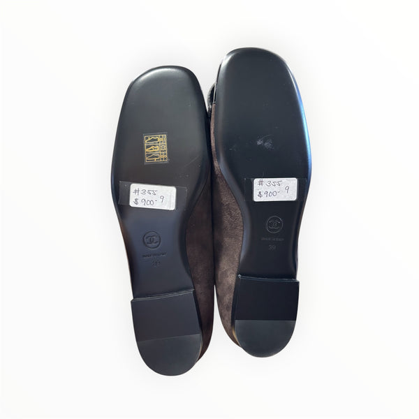Chanel Suede Patent Cap Toe Camellia Ballerina Flats 37 Marron Gris Size 39