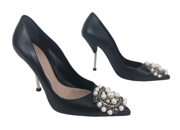Faux Pearl and Crystals Black Stiletto Pump | Size US 8 | IT 38.5