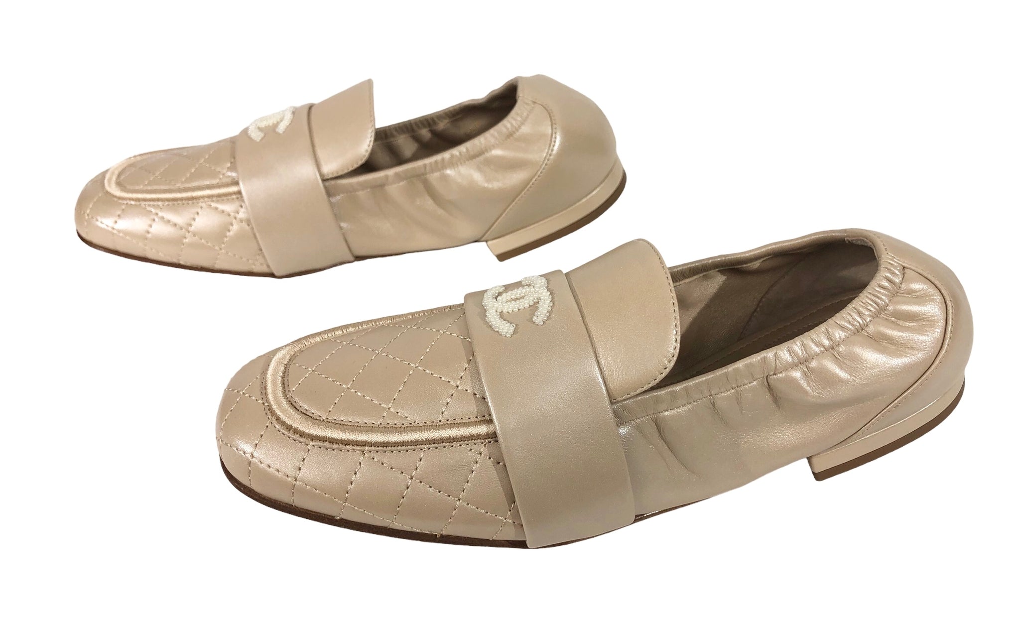 CHANEL Lambskin Quilted CC Turnlock Loafers 36.5 Beige 1083461
