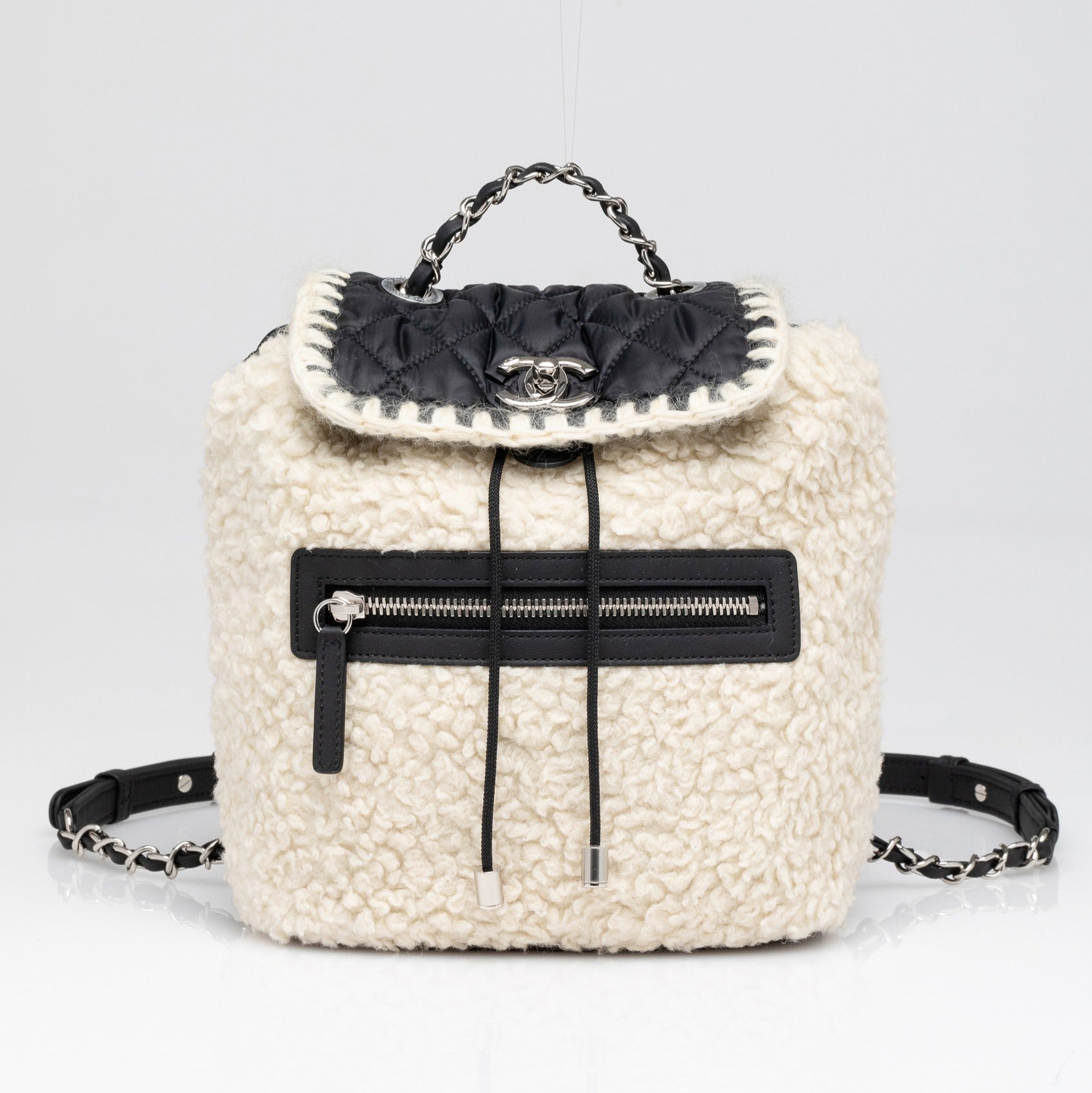 Chanel | Coco Niege Ecru Wool Black Nylon Quilted Backpack