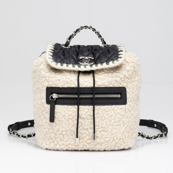 Chanel | Coco Niege Ecru Wool Black Nylon Quilted Backpack