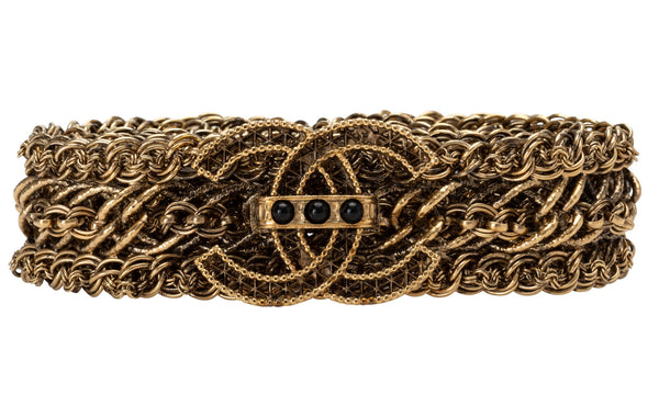 Chanel |  Metal Strass Gold Belt Black Cabochon Stones Bar CC's Buckle Size Large