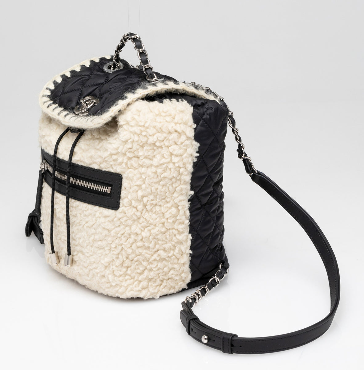 Chanel | Coco Niege Ecru Wool Black Nylon Quilted Backpack