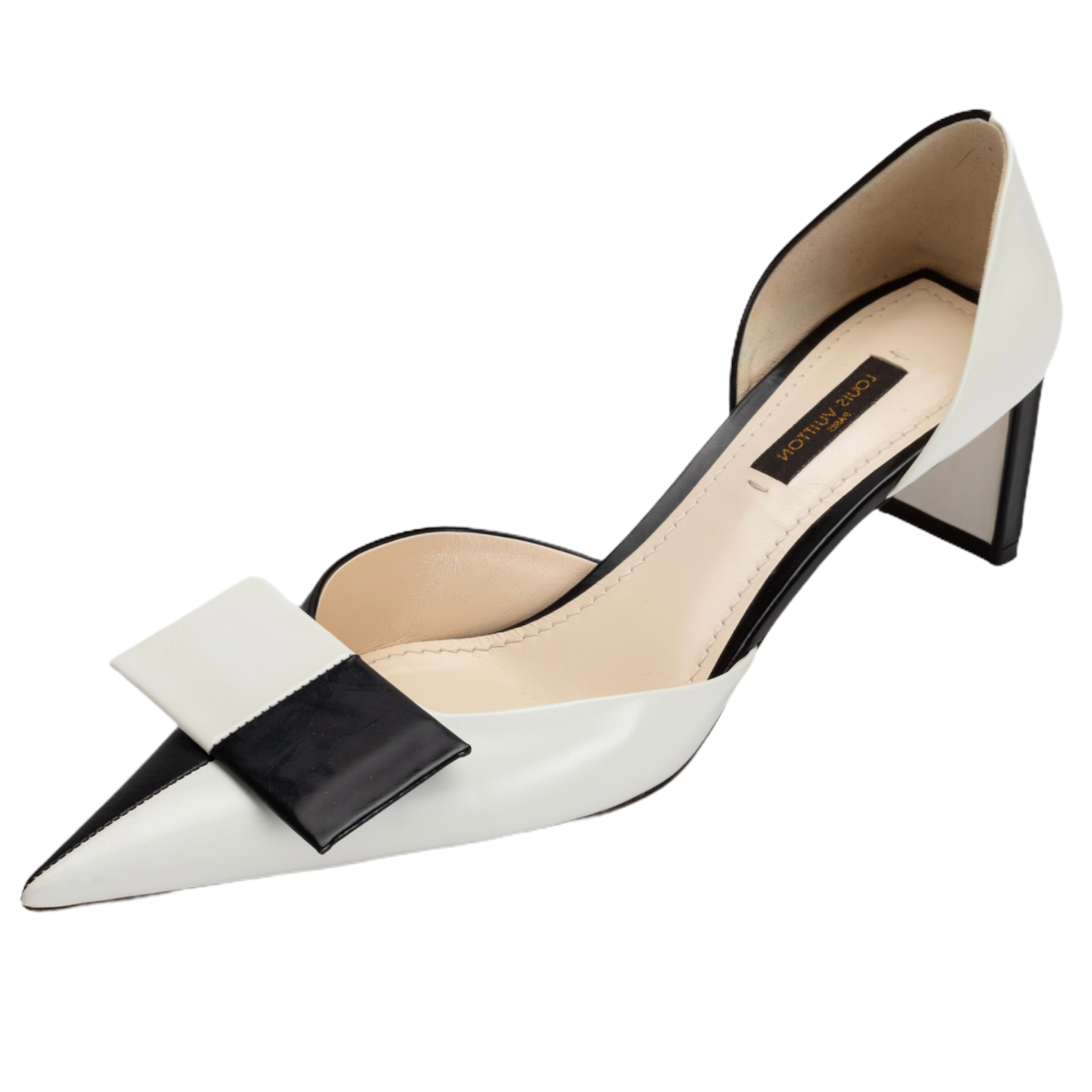 Black and White Leather D'Orsay Bow Pointed Toe Pumps