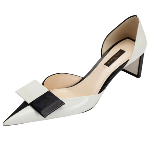 Black and White Leather D'Orsay Bow Pointed Toe Pumps | Size 38