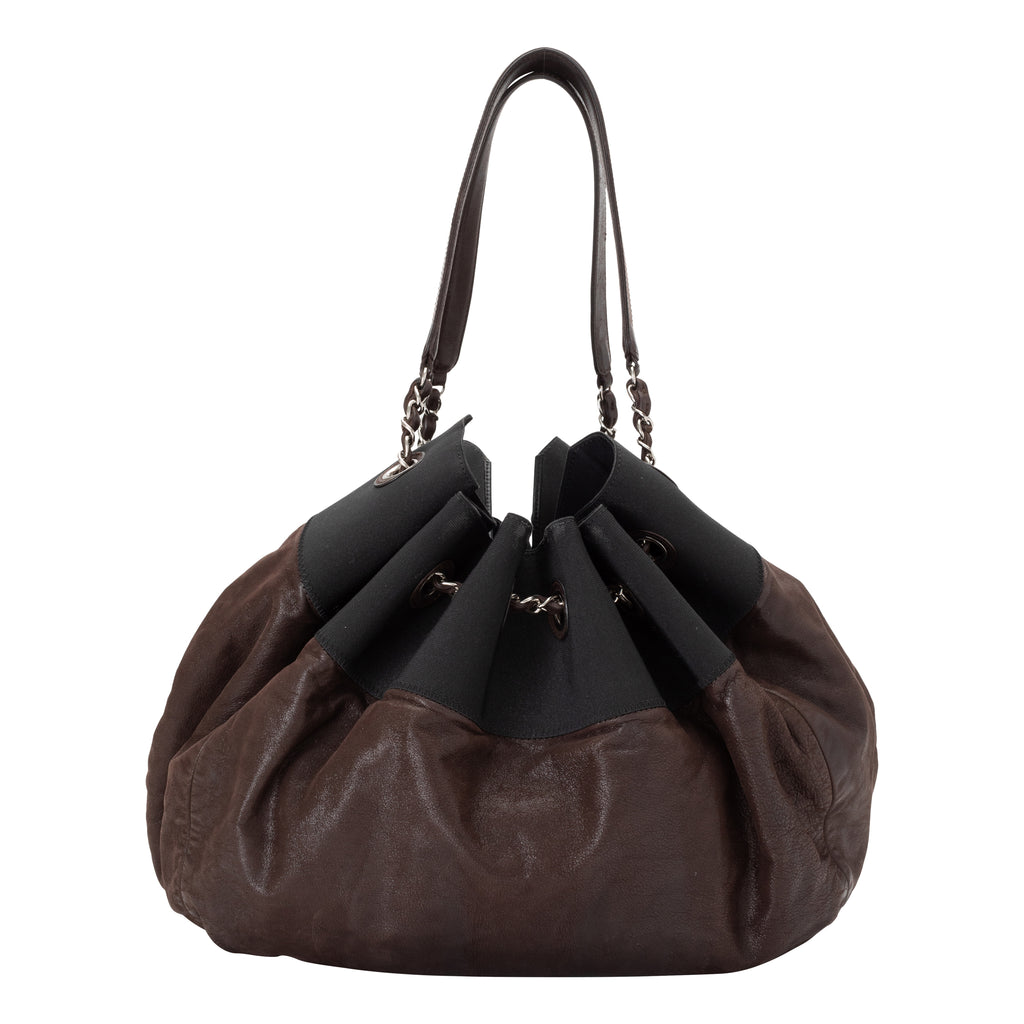 CHANEL COCO CABAS HOBO BAG, brown leather grain with silver tone