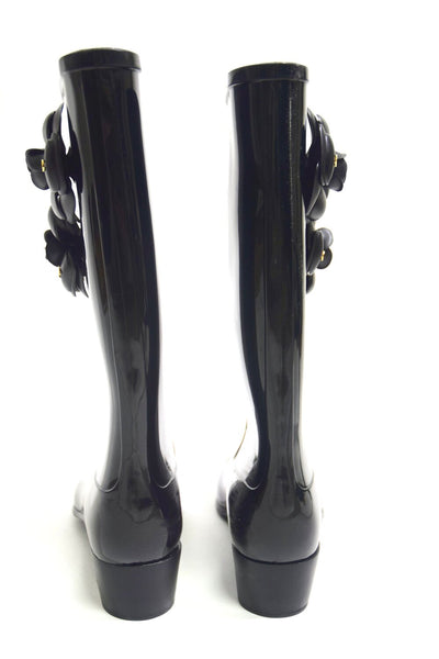Chanel Camellia Black Rain Rubber Boots/Booties Sz 7.5/38