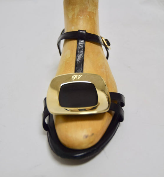 Black Embellished Leather Thong Sandals | Size 9.5 US / 39.5 EU