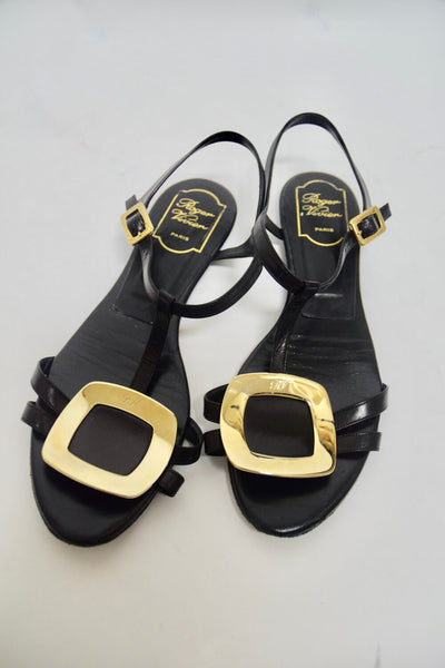 Black Embellished Leather Thong Sandals | Size 9.5 US / 39.5 EU
