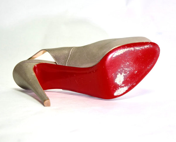 Red Sole Peep-Toe Oyster Gold Heels | Size 10.5 US / 40.5 EU