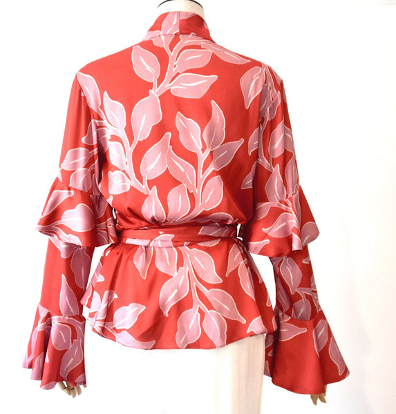 Leaf Print Ruffle Sleeve Wrap Sz XS