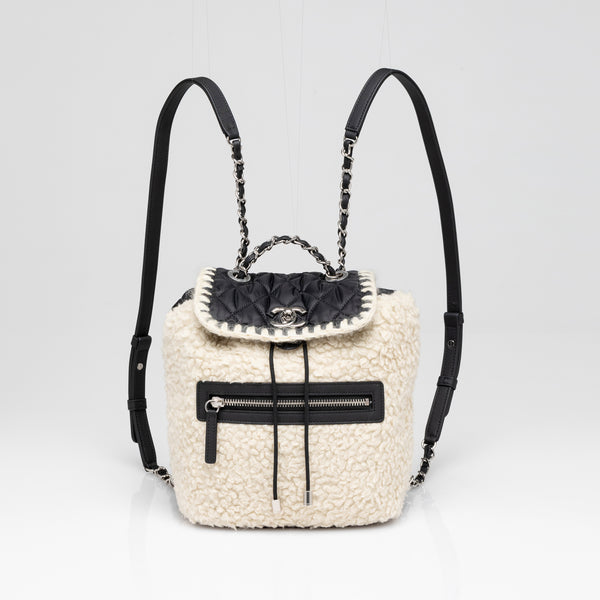 Chanel | Coco Niege Ecru Wool Black Nylon Quilted Backpack