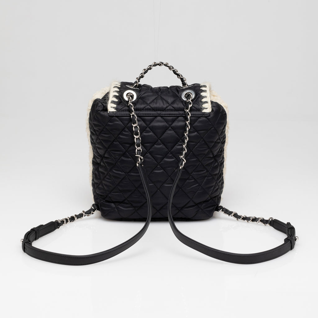 Chanel  Coco Niege Ecru Wool Black Nylon Quilted Backpack