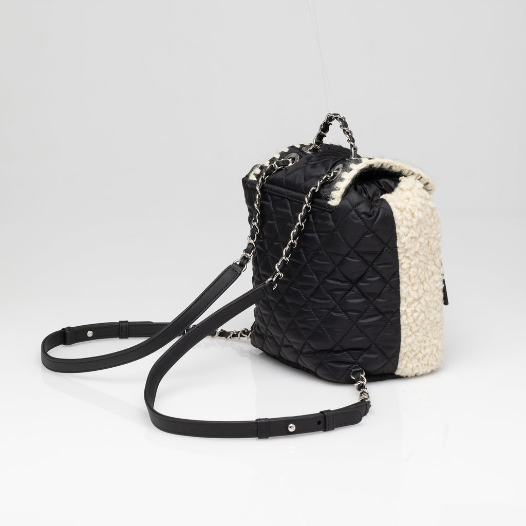 Chanel  Coco Niege Ecru Wool Black Nylon Quilted Backpack