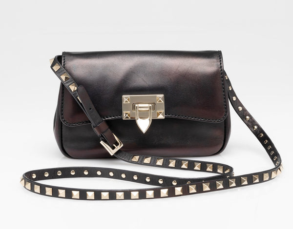 Black Iridescent Leather Mini Rockstud Crossbody