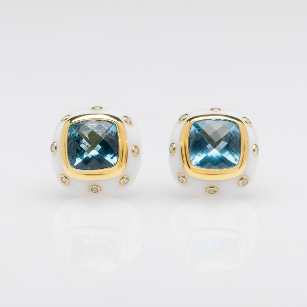 14K Gold, White Agate, Blue Topaz Clip On Earrings