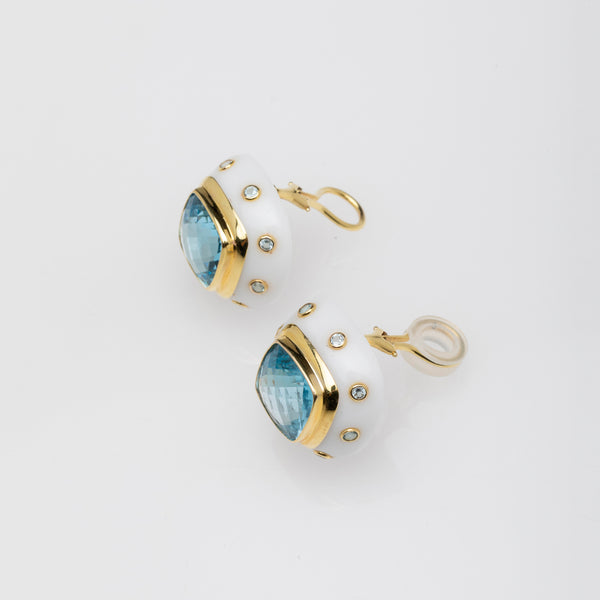 14K Gold, White Agate, Blue Topaz Clip On Earrings