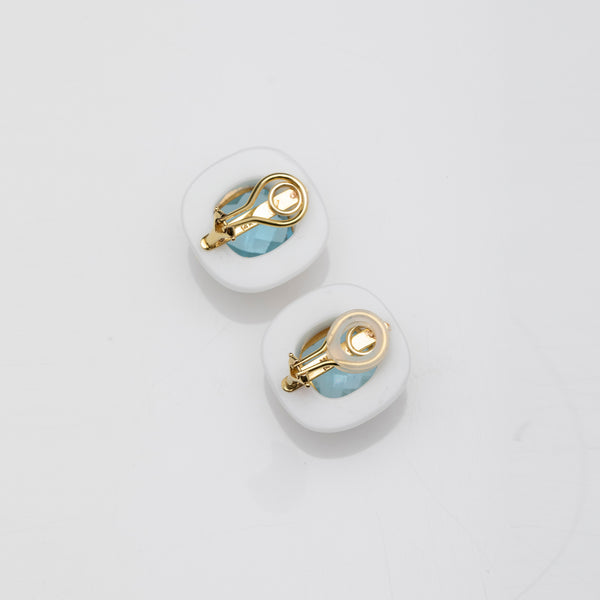 14K Gold, White Agate, Blue Topaz Clip On Earrings