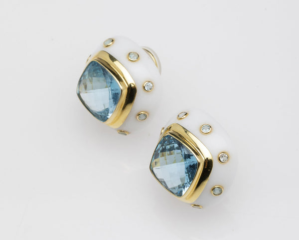 14K Gold, White Agate, Blue Topaz Clip On Earrings