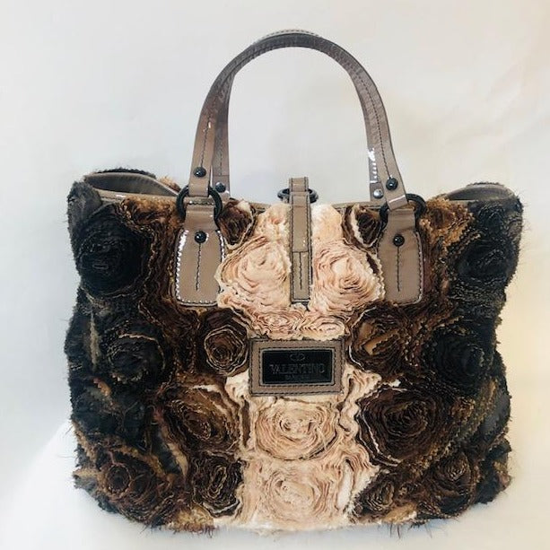 Valentino | Floral Applique Satin and Patent Leather Shopper Tote
