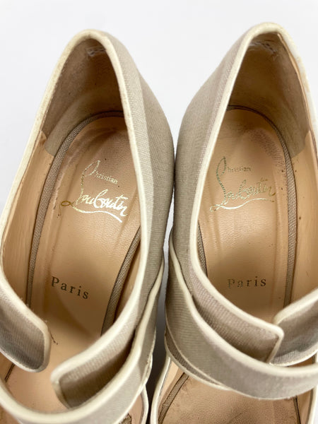 Beige Linen "Melides" Cork Wedges Sandals Size 39
