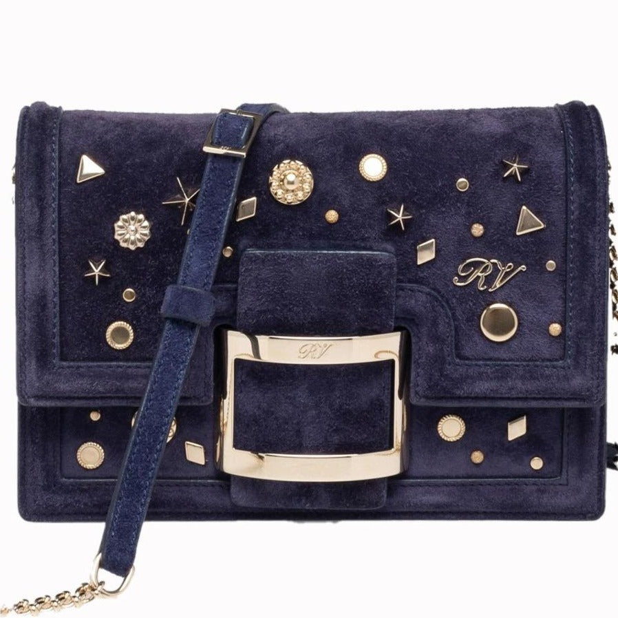 Navy Embellished Suede Convertible Clutch/Crossbody Bag
