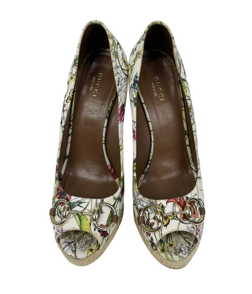 White Flora Print Canvas Horsebit Peep Toe Wedges | Size 39