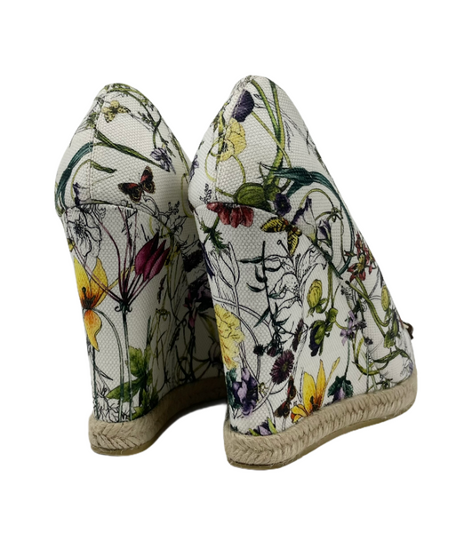 White Flora Print Canvas Horsebit Peep Toe Wedges | Size 39