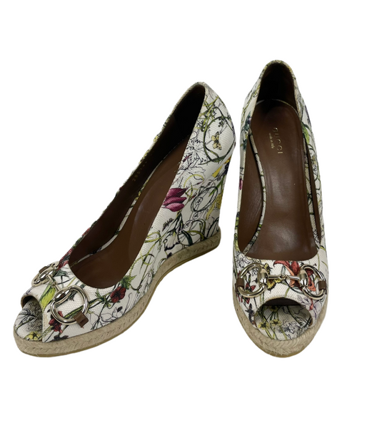 White Flora Print Canvas Horsebit Peep Toe Wedges | Size 39