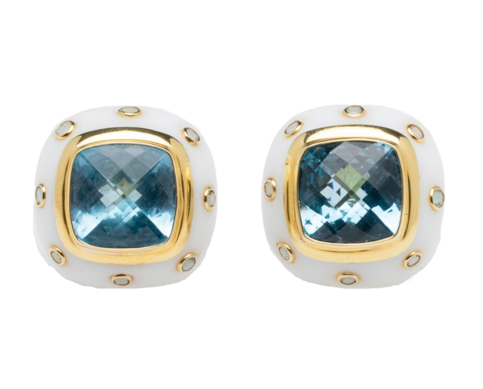 14K Gold, White Agate, Blue Topaz Clip On Earrings