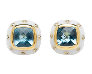 14K Gold, White Agate, Blue Topaz Clip On Earrings