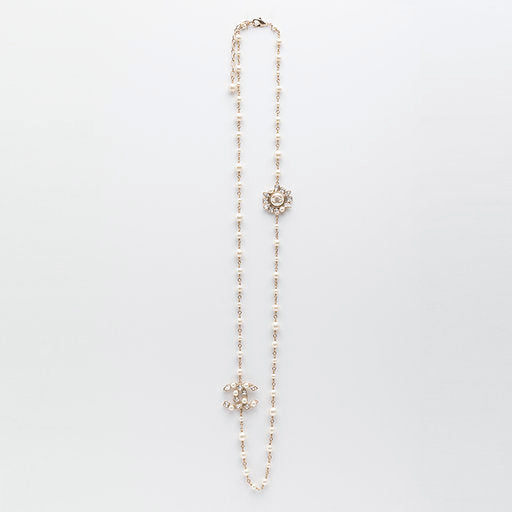 Chanel | Glass Pearls with Dual Logos Necklace