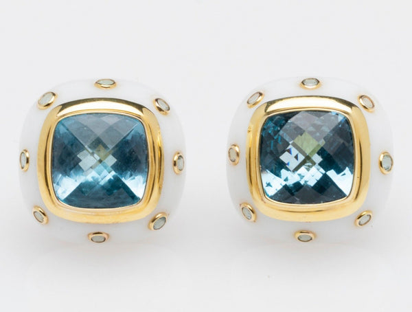14K Gold, White Agate, Blue Topaz Clip On Earrings