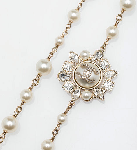 Chanel | Glass Pearls with Dual Logos Necklace