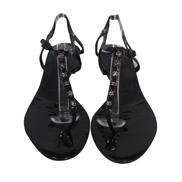Embellished Black Patent Thong Sandal | Size 40