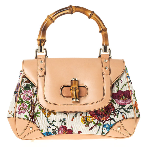 Gucci | Floral Flora Bamboo Satchel Handbag