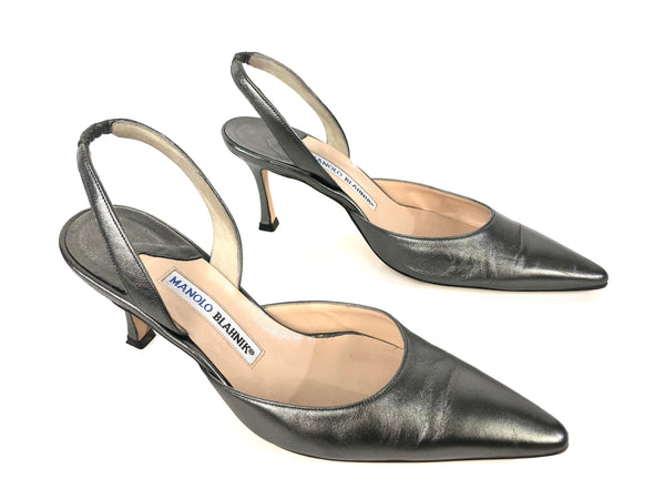 Metallic Gunmetal Leather Slingback Pumps | Size US 7.5 - IT 38