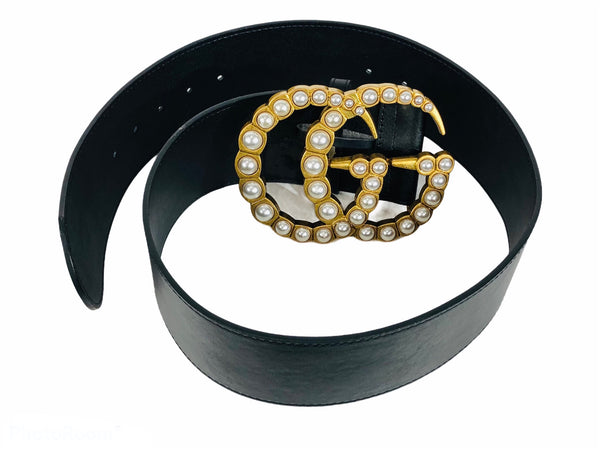 Extra Wide Calfskin Marmont Faux Pearl GG Buckle Belt | Size 90/36
