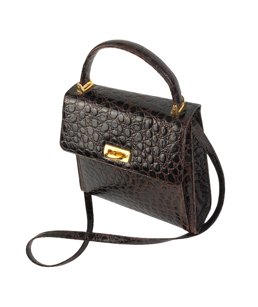 Vintage Iconic Top Handle Croc Embossed Leather Handbag with Strap