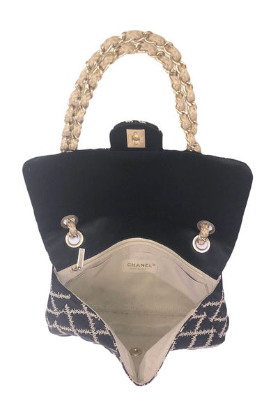Satin Flap Shoulder Bag with Natural Hemp Diamond Stitching